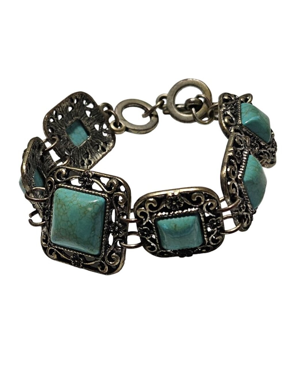 Vintage Turquoise Brass Filigree Bracelet Southwest Retro Fashion Jewelry Women